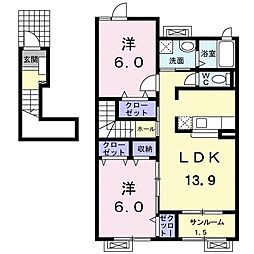 JR高山本線 東八尾駅 4kmの賃貸アパート 2階2LDKの間取り