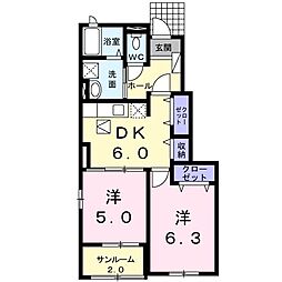 富山地鉄富山港線 粟島(大阪屋前)駅 徒歩8分の賃貸アパート 1階2DKの間取り