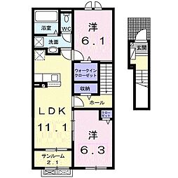 あいの風とやま鉄道 新富山口駅 徒歩5分の賃貸アパート 2階2LDKの間取り