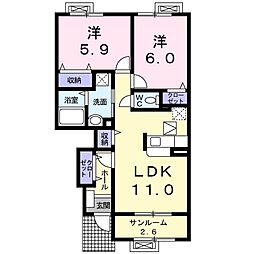 JR高山本線 婦中鵜坂駅 徒歩17分の賃貸アパート 1階2LDKの間取り