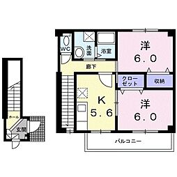 JR高山本線 越中八尾駅 徒歩5分の賃貸アパート 2階2Kの間取り