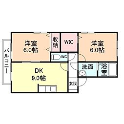 グロリアB棟 2階2DKの間取り