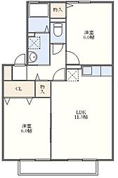 リベリュール富の原　II棟 2階2LDKの間取り