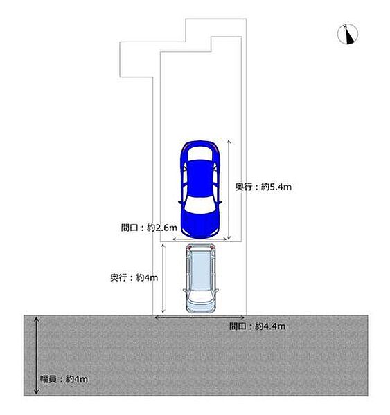 【配置図】南西側道路に面しています。縦列2台駐車可能です。（車種制限あり）1台分のビルトインガレージがございます。