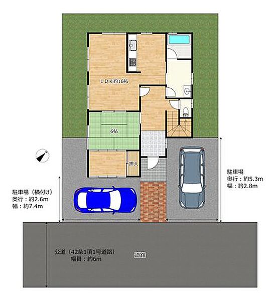 【配置図】普通車2台分の駐車スペースがございます。前面道路幅員も約6mと運転が苦手でも安心して駐車できるスペースがございます。