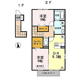 カーサアリエッタB棟 2階2DKの間取り