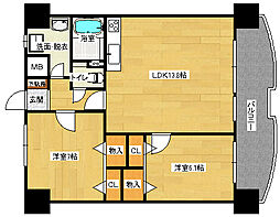 JR山陽本線 向洋駅 徒歩20分の賃貸マンション 2階2LDKの間取り