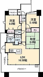 広島高速交通アストラムライン 不動院前駅 徒歩7分の賃貸マンション 12階3LDKの間取り