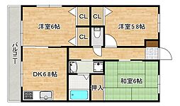 JR芸備線 矢賀駅 徒歩23分の賃貸マンション 2階3DKの間取り