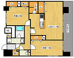 広島電鉄2系統 福島町駅 徒歩14分の賃貸マンション 9階2LDKの間取り