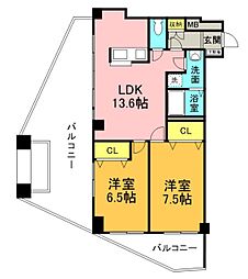 広島電鉄1系統 御幸橋駅 徒歩12分の賃貸マンション 1階2LDKの間取り