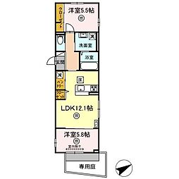 JR可部線 下祇園駅 徒歩8分の賃貸アパート 1階2LDKの間取り