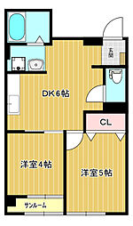 広島電鉄2系統 十日市町駅 徒歩2分の賃貸マンション 2階2DKの間取り
