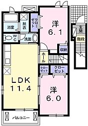 JR芸備線 上深川駅 徒歩38分の賃貸アパート 2階2LDKの間取り