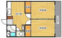 広島高速交通アストラムライン 上安駅 徒歩6分の賃貸マンション 2階2DKの間取り