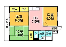 JR山陽本線 新白島駅 徒歩3分の賃貸マンション 3階3DKの間取り