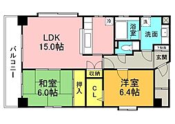 広島電鉄2系統 小網町駅 徒歩3分の賃貸マンション 9階2LDKの間取り