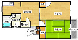 JR山陽本線 向洋駅 徒歩25分の賃貸マンション 3階2DKの間取り