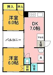 広島電鉄1系統 日赤病院前駅 徒歩8分の賃貸マンション 2階2DKの間取り