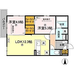 JR可部線 下祇園駅 徒歩19分の賃貸アパート 1階2LDKの間取り