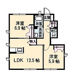 JR芸備線 矢賀駅 徒歩12分の賃貸アパート 1階2LDKの間取り