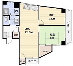 広島電鉄1系統 日赤病院前駅 徒歩12分の賃貸マンション 4階2LDKの間取り