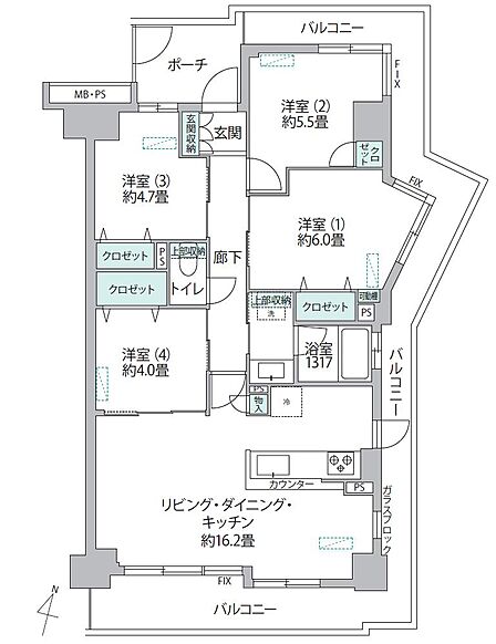 南・西・北の3方角部屋により通風・採光良好