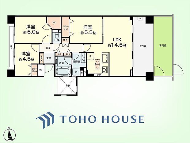 3LDK　専有面積70.05平米、テラス面積12平米、専用庭面積12平米