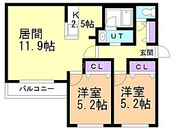苫小牧市大成町2丁目マンション 2LDKの間取図画像
