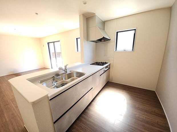 機能面や使いやすさを備えたシステムキッチンで原水・シャワー・浄水をひとつの水栓でスムーズに切り替えられ、とても便利な浄水器がついています（同社施工例）