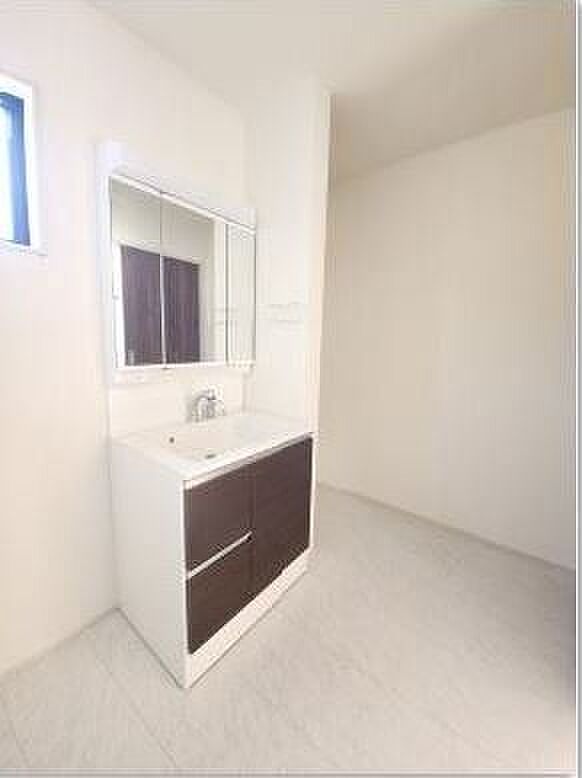 三面鏡の裏側に収納スペースを設置。化粧品や洗面小物などをすっきりと収納できます。（同仕様写真）