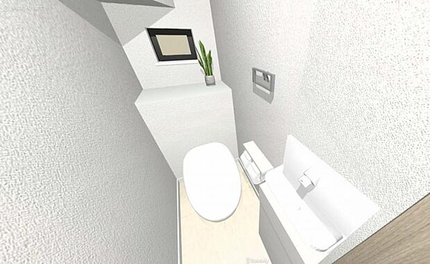 【パース・1Fトイレ】ウォシュレット一体形便器。クリーンなデザインが魅力