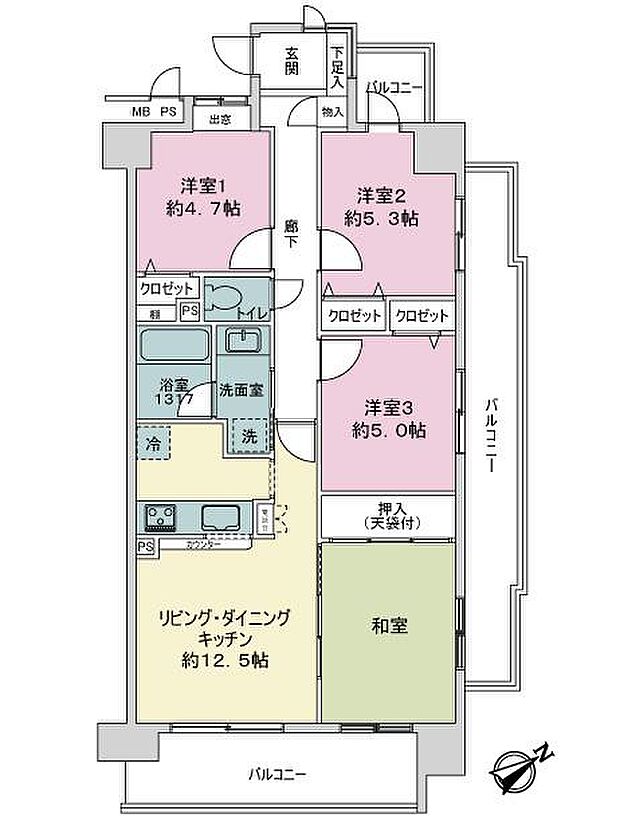 ライオンズガーデンシティ平井(4LDK) 5階の間取り