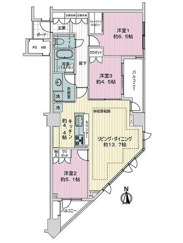 アトラスアリーナ武蔵新城ランドマークコート(3LDK) 12階の間取り