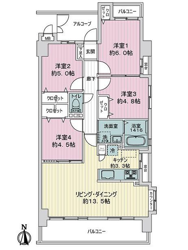 宝マンション亀島(4LDK) 4階の間取り