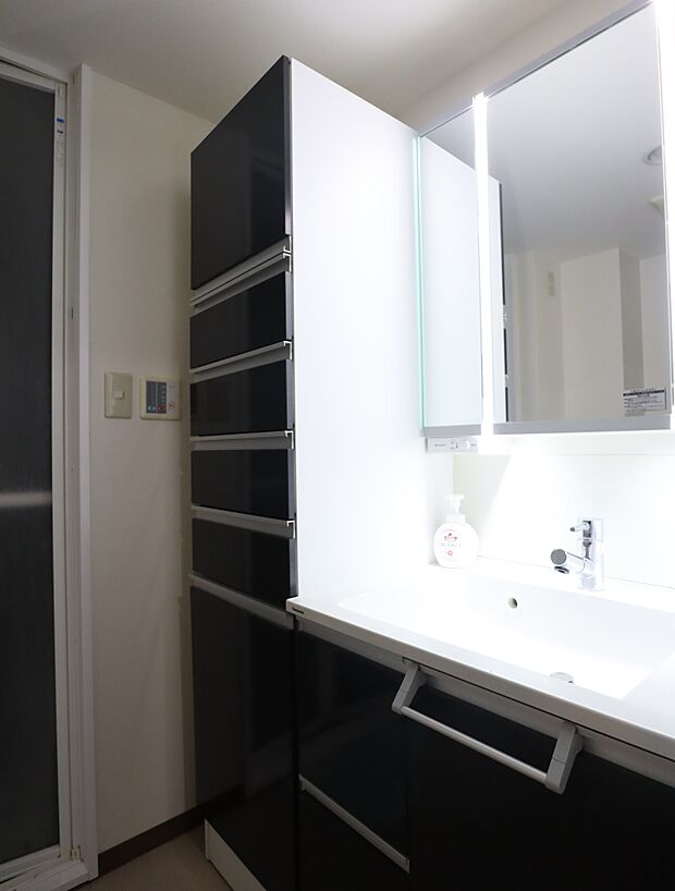 身だしなみを整えやすい三面鏡の備わった洗面化粧台です。下部収納には洗面用品等を収めることができます。