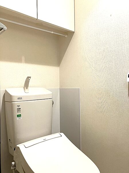 吊戸棚があり、収納スペースもあるトイレです。