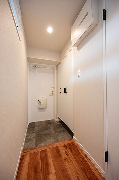 玄関、可動式棚付きの下足入れ