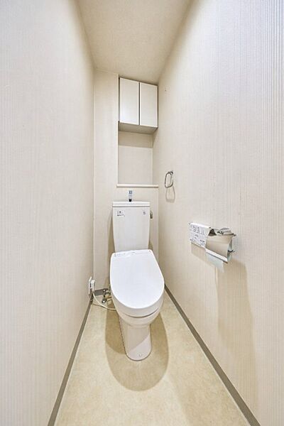 背面に吊り戸棚とカウンターがあります。トイレットペーパー・掃除道具等の収納が可能です。