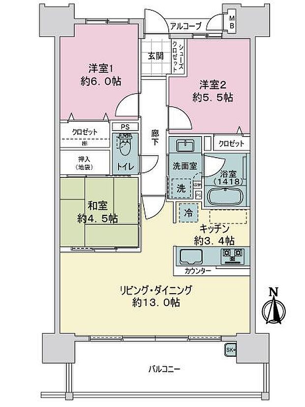サーパス松江駅南レジデンス(3LDK) 4階の間取り
