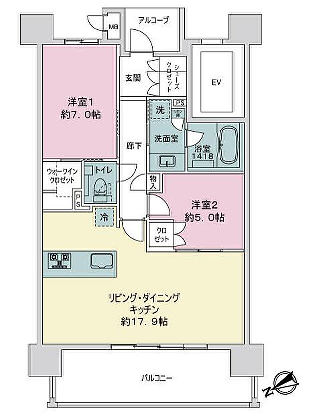 プレミスト万才町(2LDK) 6階の間取り