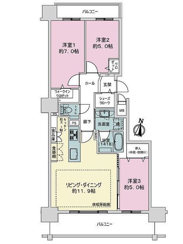 クレアホームズ札幌大通東エスシート(3LDK) 13階の間取り