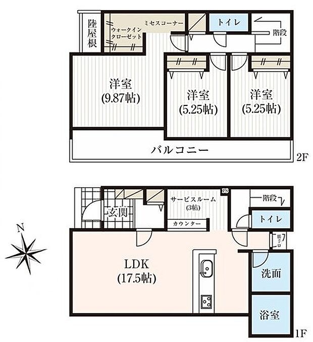 3LDK+サービスルーム(3帖) ※図面と現況に相違ある場合には現況優先とします。