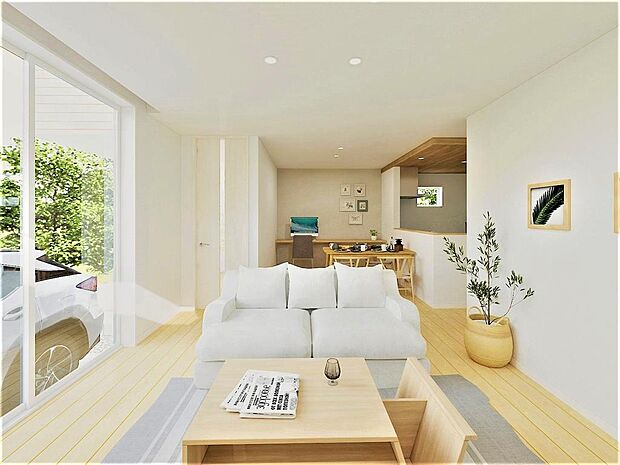 ■完成イメージパース■18.6帖のゆったりとしたLDK♪大きな窓から光が入り明るく開放的!