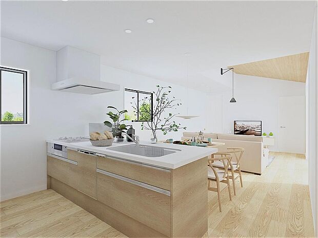 ■完成イメージパース■庭へ続く大開口の窓から光が入りお部屋全体が明るいです♪リビングルームにも収納場所設置！