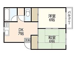 金谷コーポラス 3階2DKの間取り