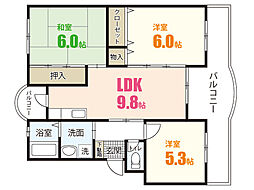 ハイム沖本 2階3LDKの間取り