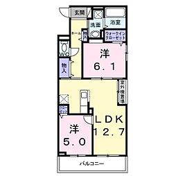 中筋1丁目アパート 3階2LDKの間取り