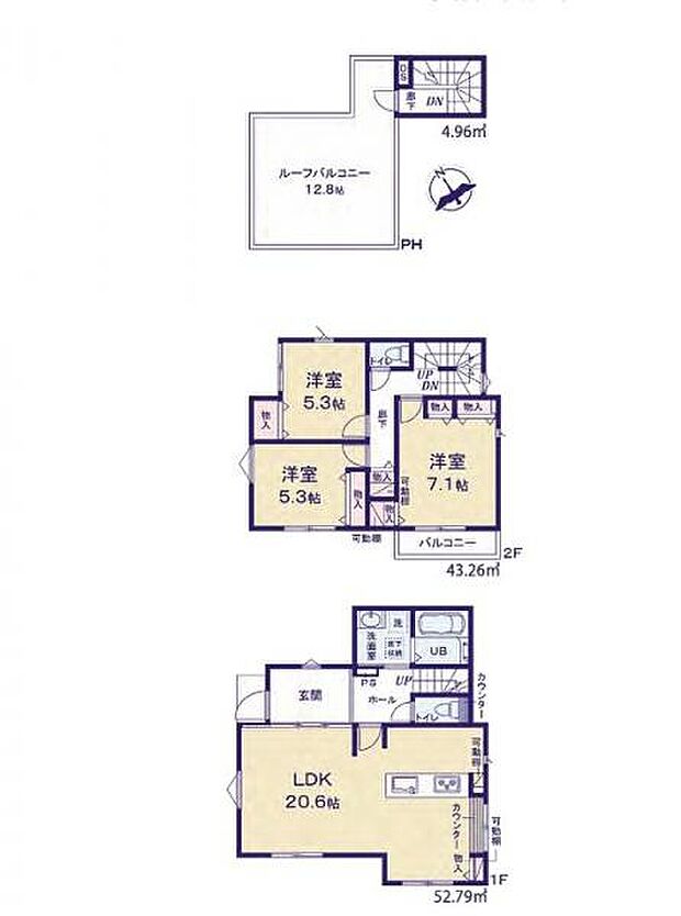 <間取図>広々としているLDK20帖でお寛ぎいただけます。