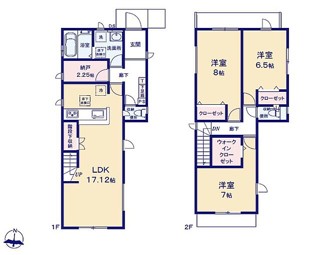 <間取図>納戸、ウォークインクローゼット等の収納豊富な3LDK